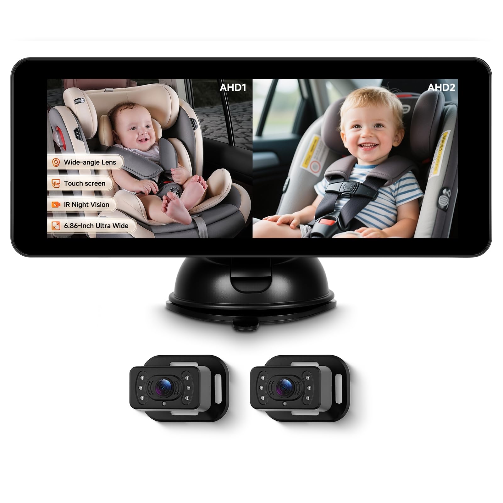 Photo 1 of Rimoody 6.86'' Baby Car Camera for Seat HD Bual Rear Facing, Car Camera for Baby Night Vision Wide View Angle Reusable Sucker Bracket, Easy Install 360° Adjustable