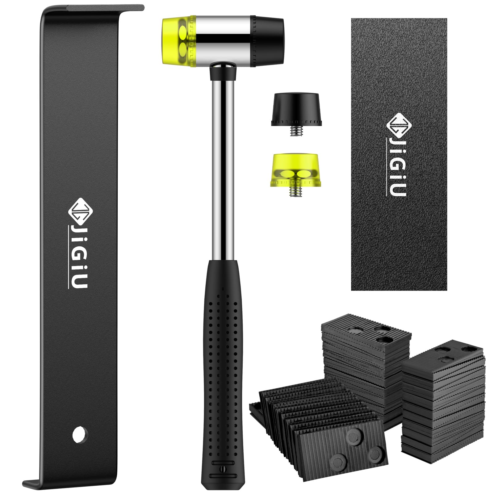 JiGiU Laminate Flooring Installation Kit with 60 Spacers Laminate Flooring Tools Floor Fitting Tool Includes 1.2in Double-Faced Mallet, Rubber Tapping Block, Turning Hook and Heavy Duty Pull Bar