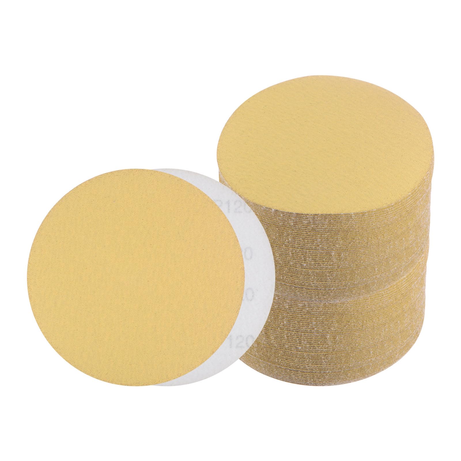 Kozelo 100pcs No Hole Sanding Discs- [ 6 Inch 120 Grit ] Round Hook and Loop Grip Sanding Pads Sandpaper for Automotive Woodworking Metal Polishing Use| Gold, Aluminum Oxide