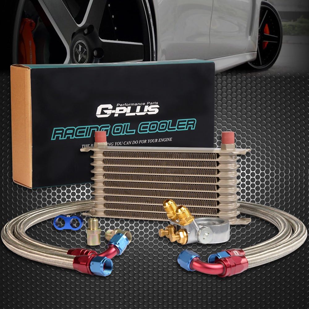 Gplus 10 Row Thermostat Adaptor Engine Transmission Oil Cooler Kit Universal Aluminum Oil Cooler For Car Truck Gold