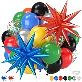 Black and Red Yellow Blue Balloons for Carnival Birthday Decorations | Includes confetti and star foil balloons, Decorations for boys carnival birthdays and graduation, birthday parties