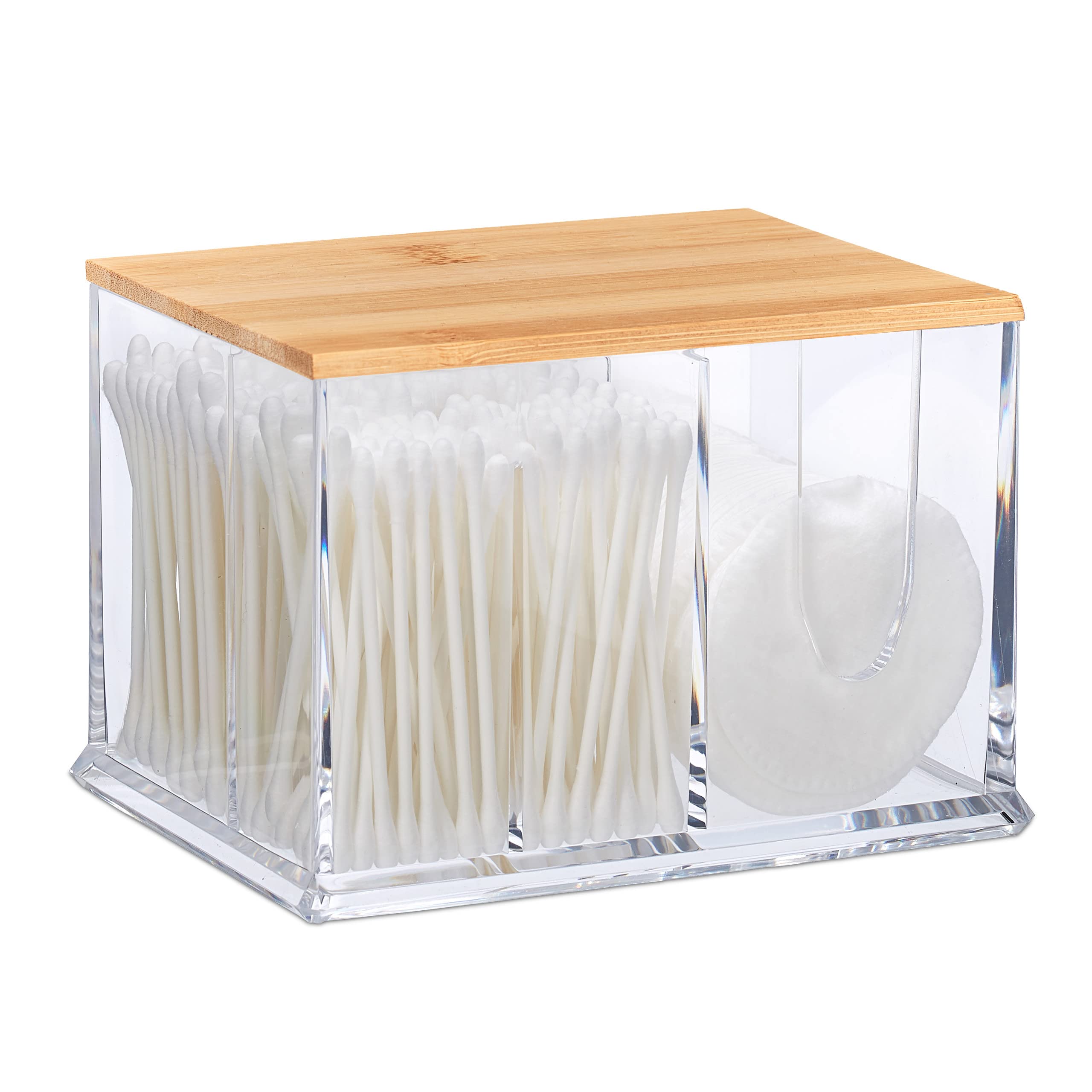 Relaxdays Cotton Swab Storage Box, Acrylic Lidded Organiser, Stick Bathroom Dispenser, Various Sizes, Clear/Brown