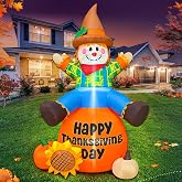 6FT Thanksgiving Inflatables Outdoor Decoration Inflatable Scarecrow Sitting Pumpkin, Built in LED Lights Blow Up Yard Decorations for Fall Holiday Party Garden Lawn D&eacute;cor