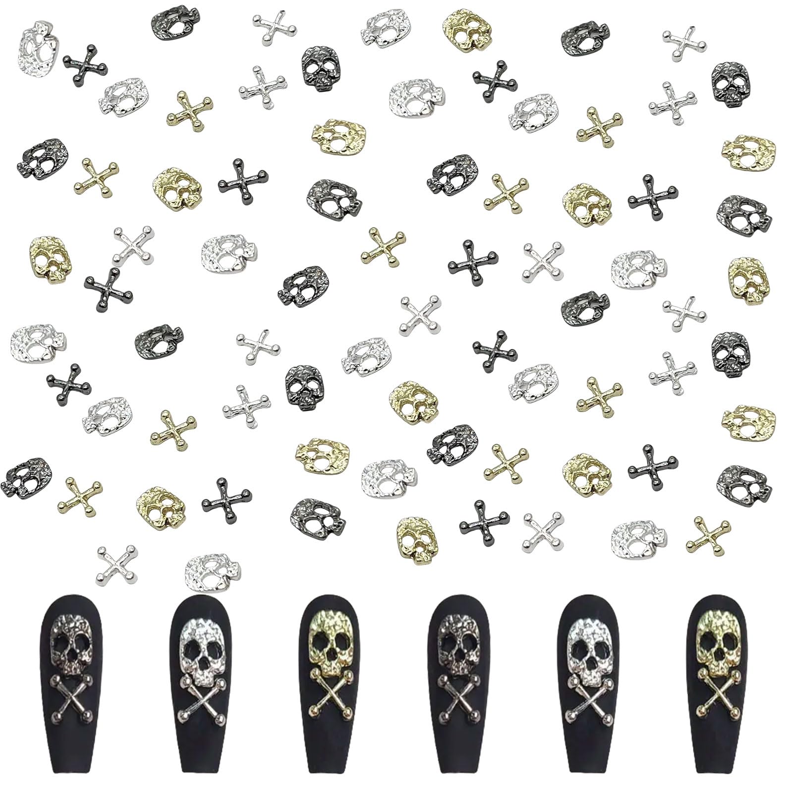 3D Skull Cross Nail Charms, 120 Pcs Skull Cross Nail Art Charm Gold Silver Gun Black Metal Gothic Nail Gems Nail Jewels for Nail Art Decorations DIY Crafts