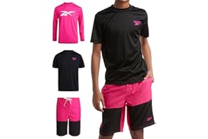 Reebok Boys' Rashguard Set - 3 Piece UPF 50+ Long Sleeve and Short Sleeve Swim Shirts and Bathing Suit Boardshorts (8-20)