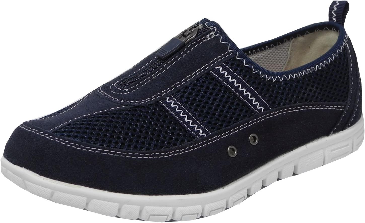 Boulevard Womens Ladies X Wide EEE Fit Leather Mesh Shoes Slip On Trainers Pumps with Zip Navy Blue
