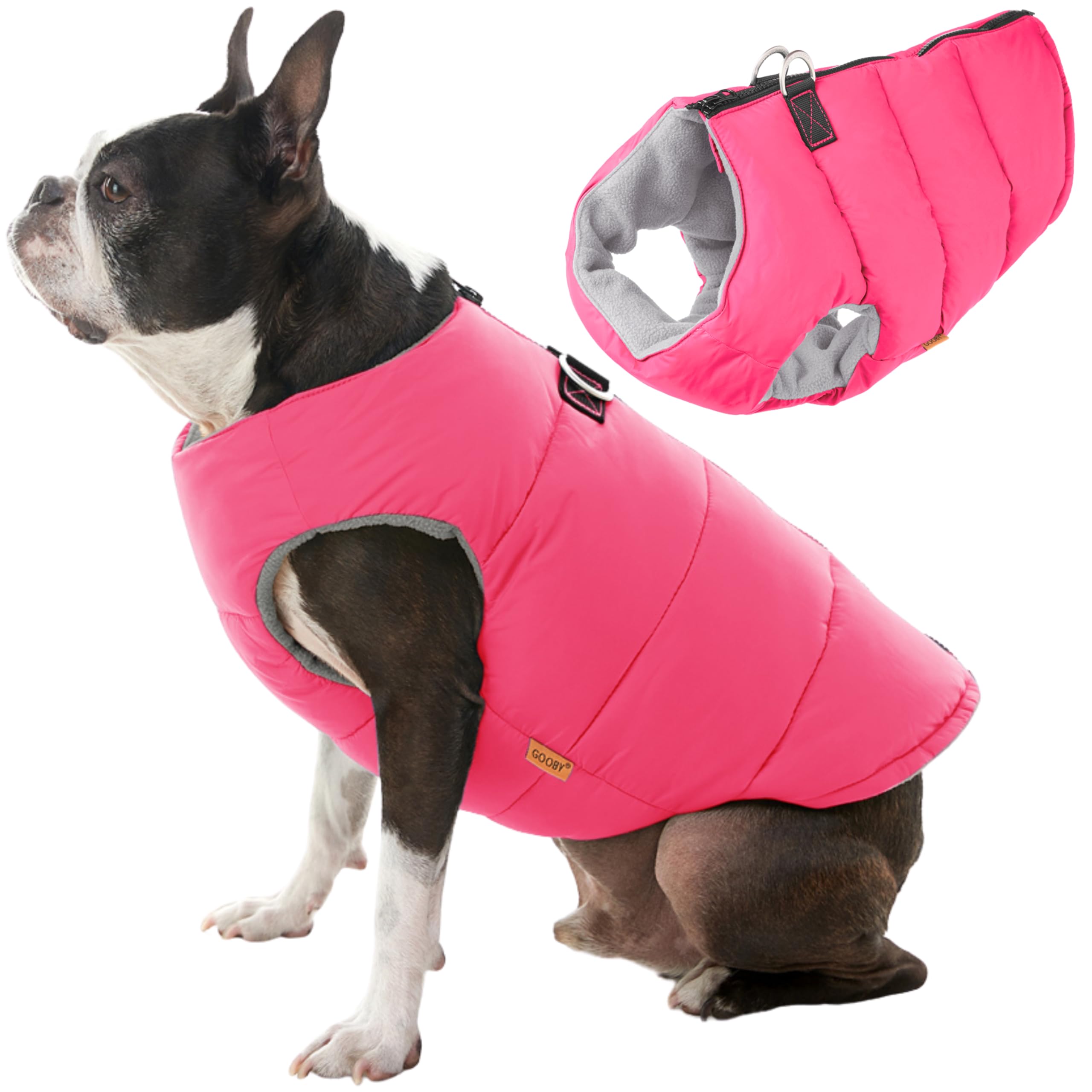 Gooby Padded Vest Dog Jacket - Solid Pink, Small - Warm Zip Up Fleece Vest With Dual D Ring Leash - Water Resistant Winter Sweater for Small and Medium Dogs