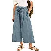 Yeokou Women Casual Wide Leg Pants Summer Cotton High Rise Elastic Waist Cropped Capris Trousers with Pockets(Bluegrey-M)