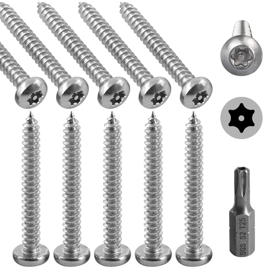 Hilitchi 50 Pcs M5x38mm Stainless Steel Button Head Torx Sheet Metal Screws Security Silver Screws Anti-Theft Tamper Proof with Bit T25 — image 1
