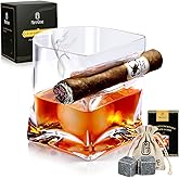 Cigar Whiskey Glass with Cigar Holder-Old Fashioned Glass Set with Cigar Accessories-Crystal Whisky Glass Set with Indented Cigar Rest for Bourbon,Cocktail, Gifts for Men/Dad/Husband(9.5oz)