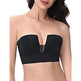 Rasback Strapless Bra Push Up Padded Deep V Plunge Bras for Women,Longline Underwire Support Anti-Slip