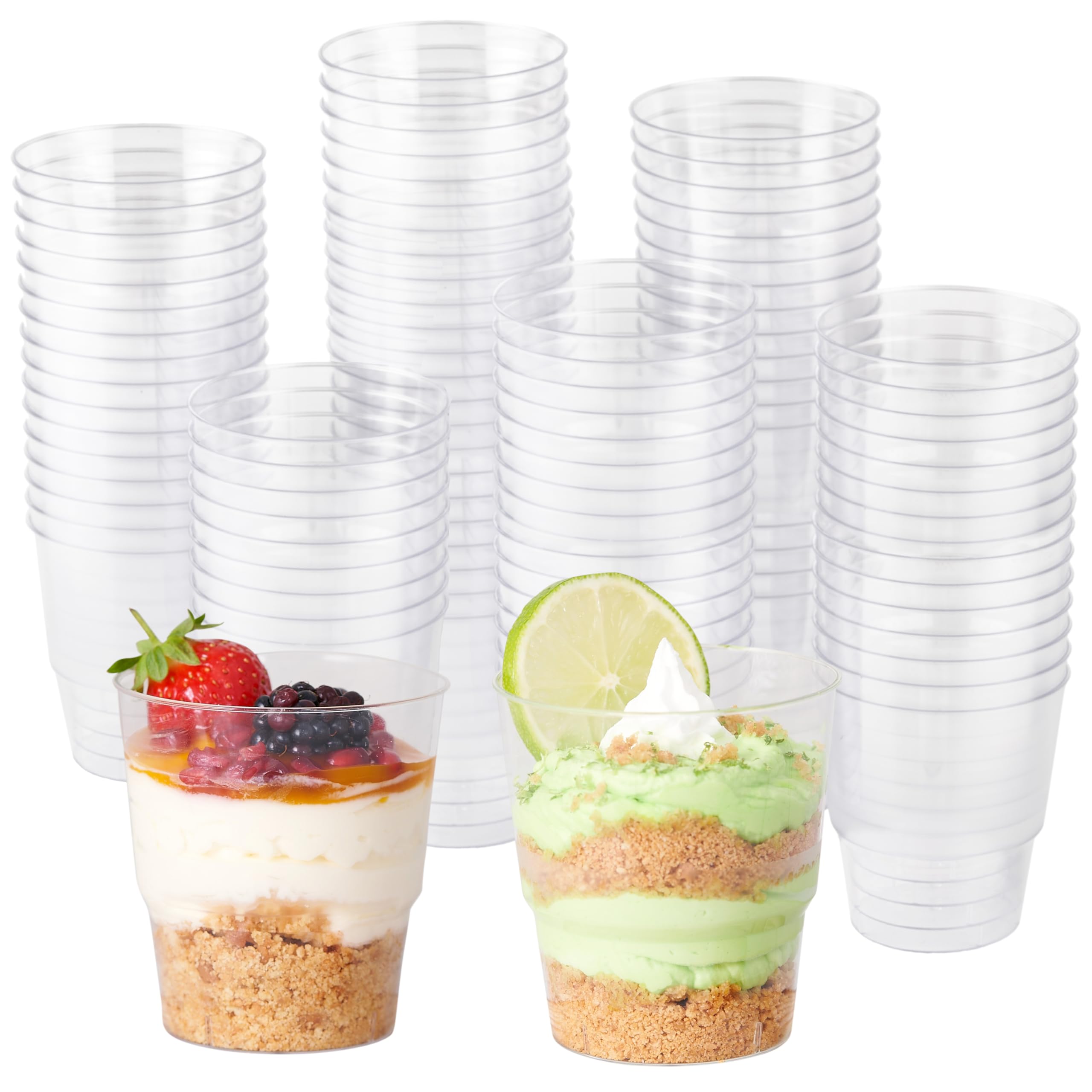MATANA 72 Clear Hard Plastic Dessert Cups (Round, 220ml) - Sturdy & Reusable - Dessert Pots for Appetisers, Puddings, Mousses, Parfaits, Trifles, Tiramisu, Cheesecakes