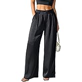 Women's Textured Wide Leg Pants Satin Silky Flowy Dressy Trouser Casual Slacks