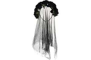 Lurrose Rose Floral Crown Veil Halloween Costume Mexican Headband Day of the Dead Headpiece for Festival Carnival Party (Black Pattern)