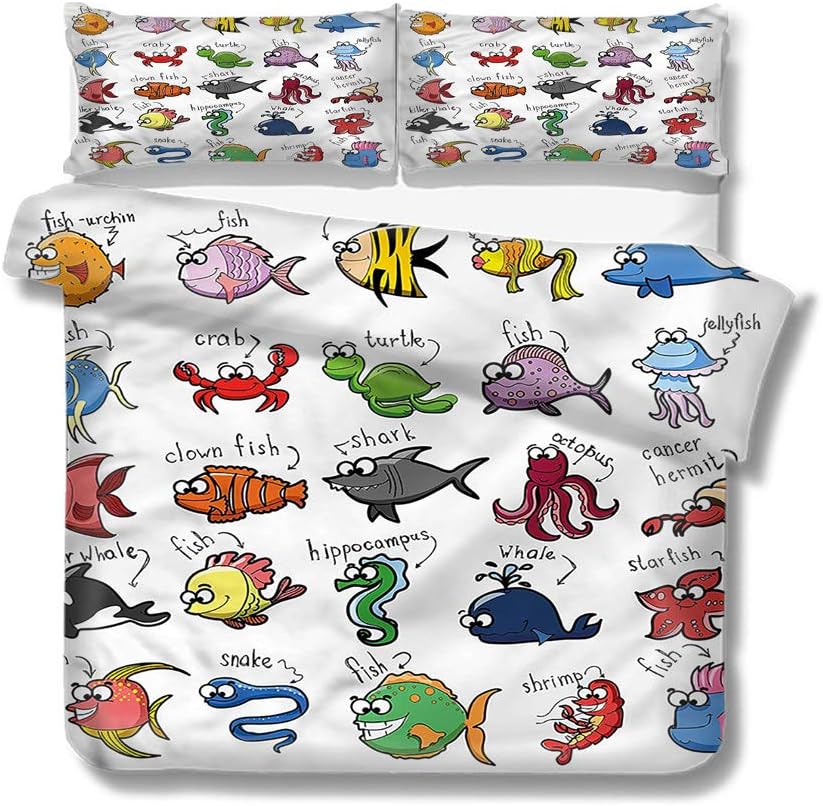 Mademai Twin Size Duvet Cover Set Kids,Aquarium Cartoon Octopus Fish for Kids/Teens/Adults Hidden Zipper Quilt Cover Printed