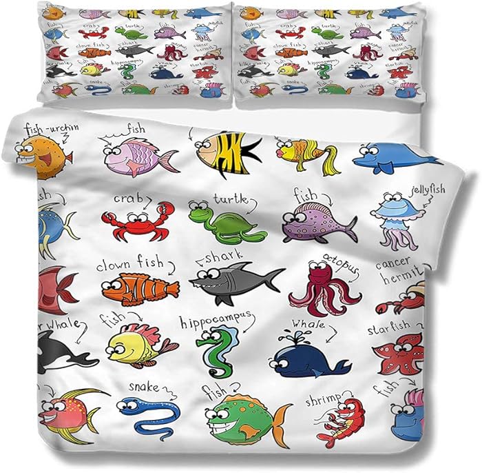 Mademai Twin Size Duvet Cover Set Kids,Aquarium Cartoon Octopus Fish for Kids/Teens/Adults Hidden Zipper Quilt Cover Printed