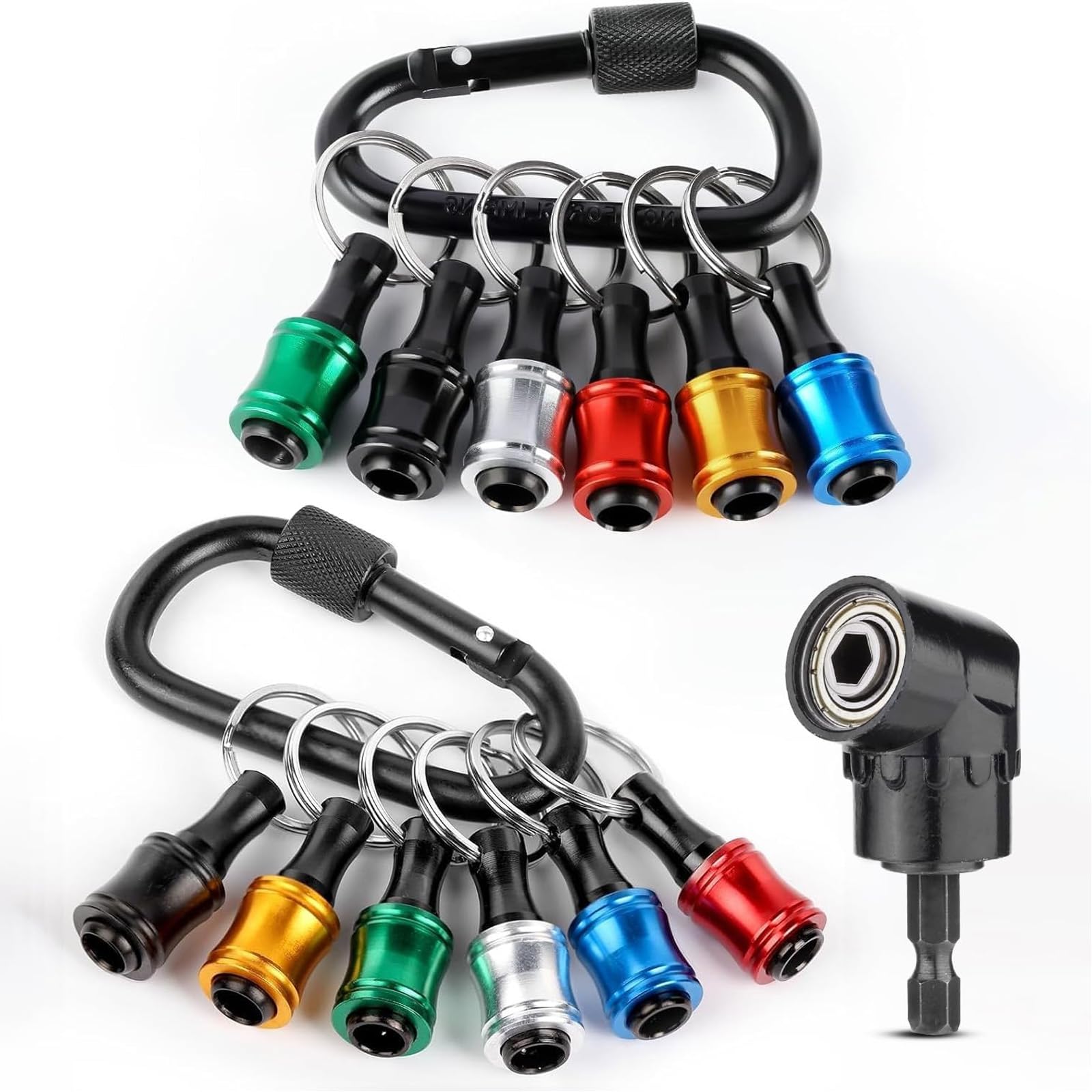 12 Pcs Drill Bit Holder Keychain, 1/4 inch Hex Quick Release Drill Extension Bit Holder Tools with Handly Carabiner, Portable Aluminum Alloy for Impact Driver, Nut Driver