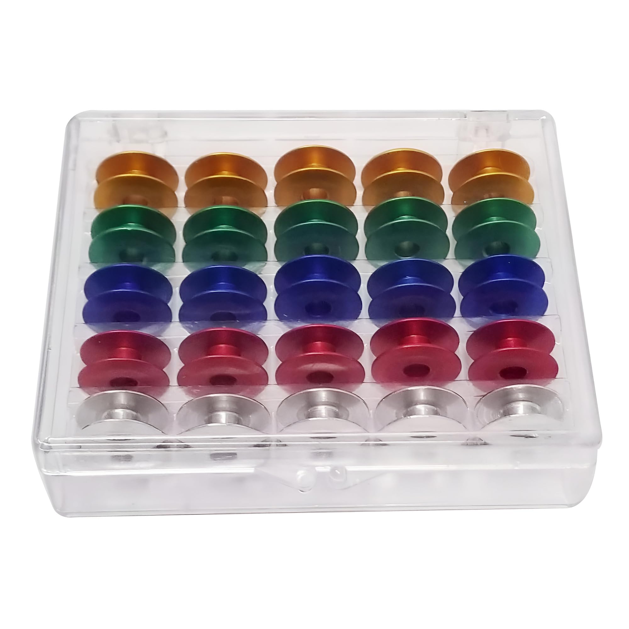 WedDecor Pack of 25 Multicoloured Metal Bobbins with Transparent Storage Box, Universal Aluminum Metal Bobbins with Plastic Organiser Case for Home, Craft & DIY Usage, Sewing Machine Accessories