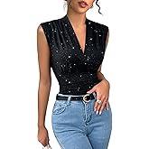 ANWUMICO Womens Sparkly Tank Tops Ruched V Neck Fitted Glitter Shirts Sleeveless Sexy Club Outfits