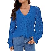 Bsubseach Women Eyelet Tops Puff Long Sleeve Dressy Casual Blouse Ruffle V Neck Lace Embroidered Shirts Fall Outfits