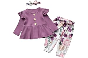 Elspilit Infant Toddler Baby Girl Clothes Fall Outfits Long Sleeve Pullover Tops Ruffle Floral Pants Headband 3pcs Set