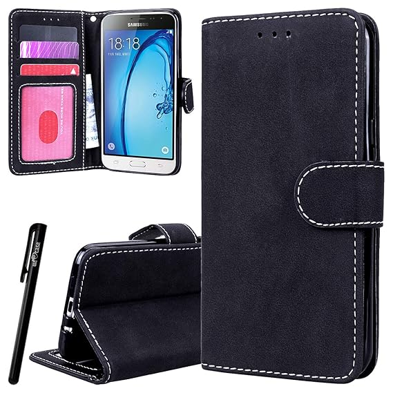 WE LOVE CASE Hülle kompatibel mit Samsung Galaxy J3 2016 Schwarz Lederhülle Handytasche Karten Slot Case Cover Flip Bookstyle