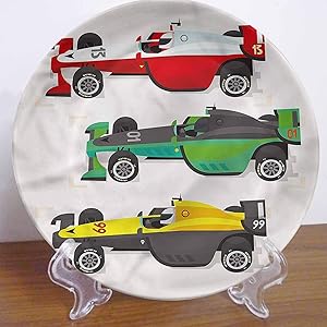LCGGDB 6 Inch Boys Room Pattern Ceramic Decorative Plate,Speed Race Cars Formula Round Porcelain Ceramic Plate Decor Accessory for Dining, Parties, Wedding