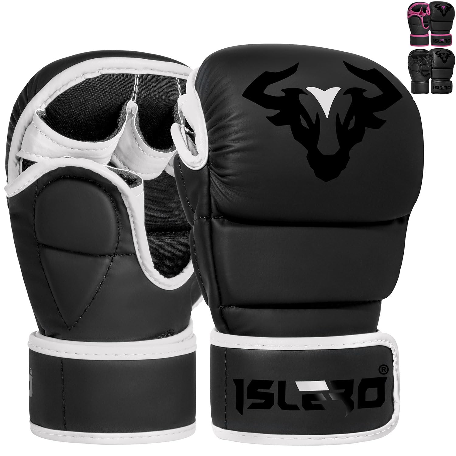 Islero Fitness Matte Black MMA Gloves Martial Arts Mitts Grappling Sparring Men Muay Thai Cage Fighting Boxing Combat Sports Women pink UFC Punching Bag Training (White, Small)