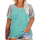 ROSRISS Plus Size Tops for Women Summer Raglan Color Block T Shirts Short Sleeve Loose Fit Tee