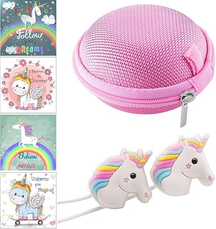 Amazon かわいい虹色のユニコーンヘッドフォン イヤホン ピンクのキャリーケース ユニコーンステッカー12枚セット 子供 ティーンズ 女の子 誕生日ギフト Funabaloo イヤホン ヘッドホンケース