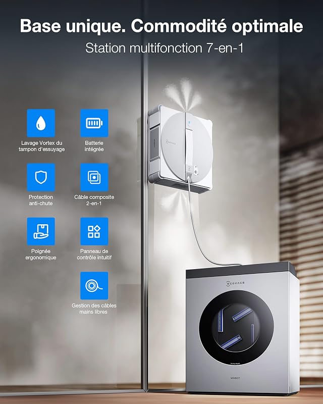 WINBOT W3 OMNI Robot Nettoyeur de Vitres avec Station, Lavage Automatique des Tampons, Nettoyage Intelligent Jusqu’aux Bords, Pulvérisation à 3 Jets, Contrôle via Application