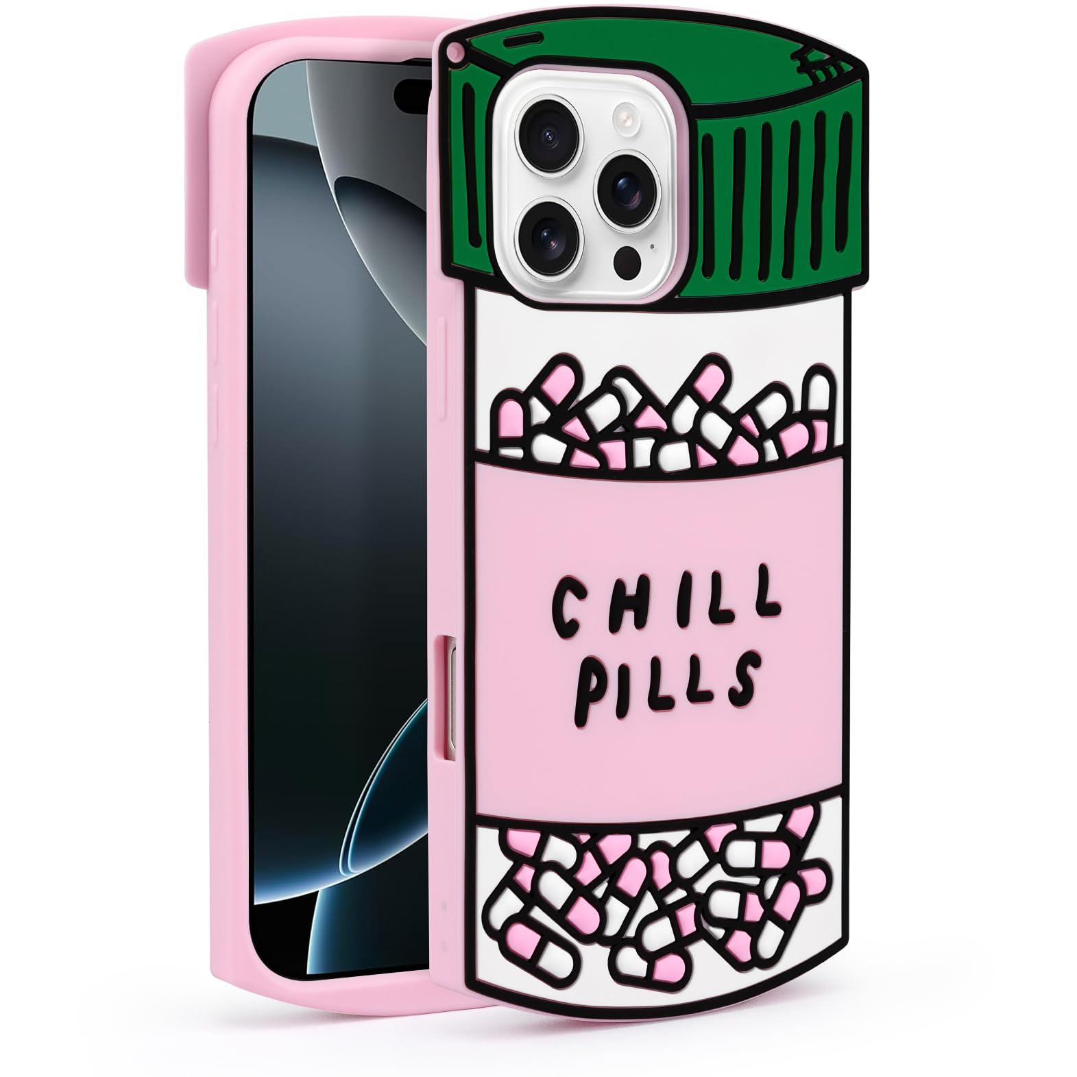 Photo 1 of Dumkery Cute Case Compatible with iPhone 16 Pro Max Chill Pills Case, Girly Capsule Bottle Shape, 3D Soft Silicone Heavy Duty Protection Shockproof Cases Cover for Girls Women