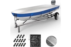 VINPATIO Jon Boat Cover 600D Solution-Dyed Oxford Fabric 14-16ft Heavy Duty Trailerable Jon Boat Cover Waterproof UV Resistant Marine Grade Reinforced Adjustable Side Straps, Blue & Silver