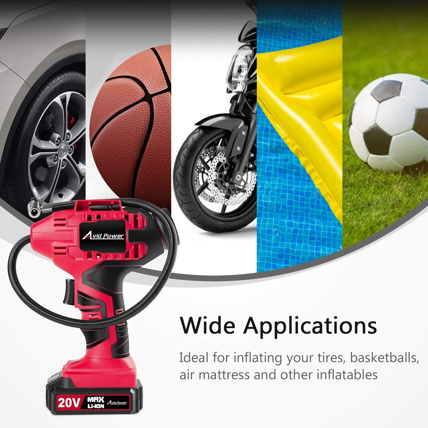 Avid Power Tire Inflator Air Compressor, 20V Cordless Car Tire Pump with Rechargeable Li-ion Battery, 12V Car Power Adapter, Digital Pressure Gauge: Automotive
