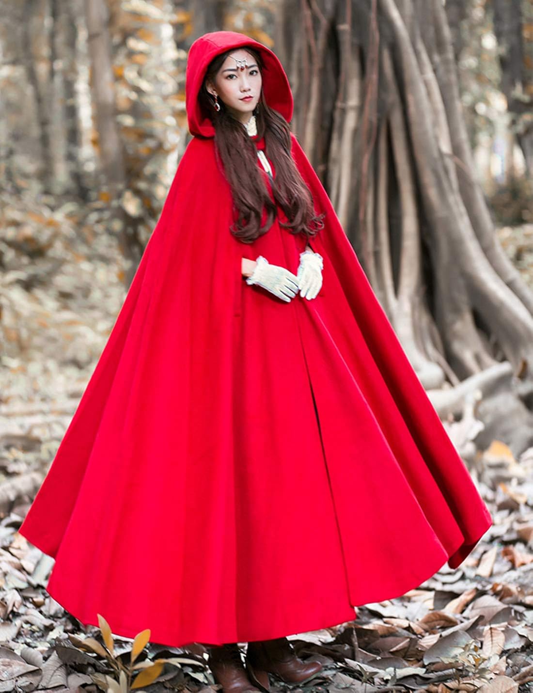 Gihuo Women's Wool Hooded Cape Solid Color Maxi Cloak Trench Coat (Black, One Size): Clothing