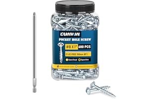 CAMNWAMN 600Pcs #8 x 1 Inch Pocket Hole Screws, Interior Pocket Screw, Zinc Coated, Coarse Thread, Square Drive Washer Head, 150MM Drive Bit Included.