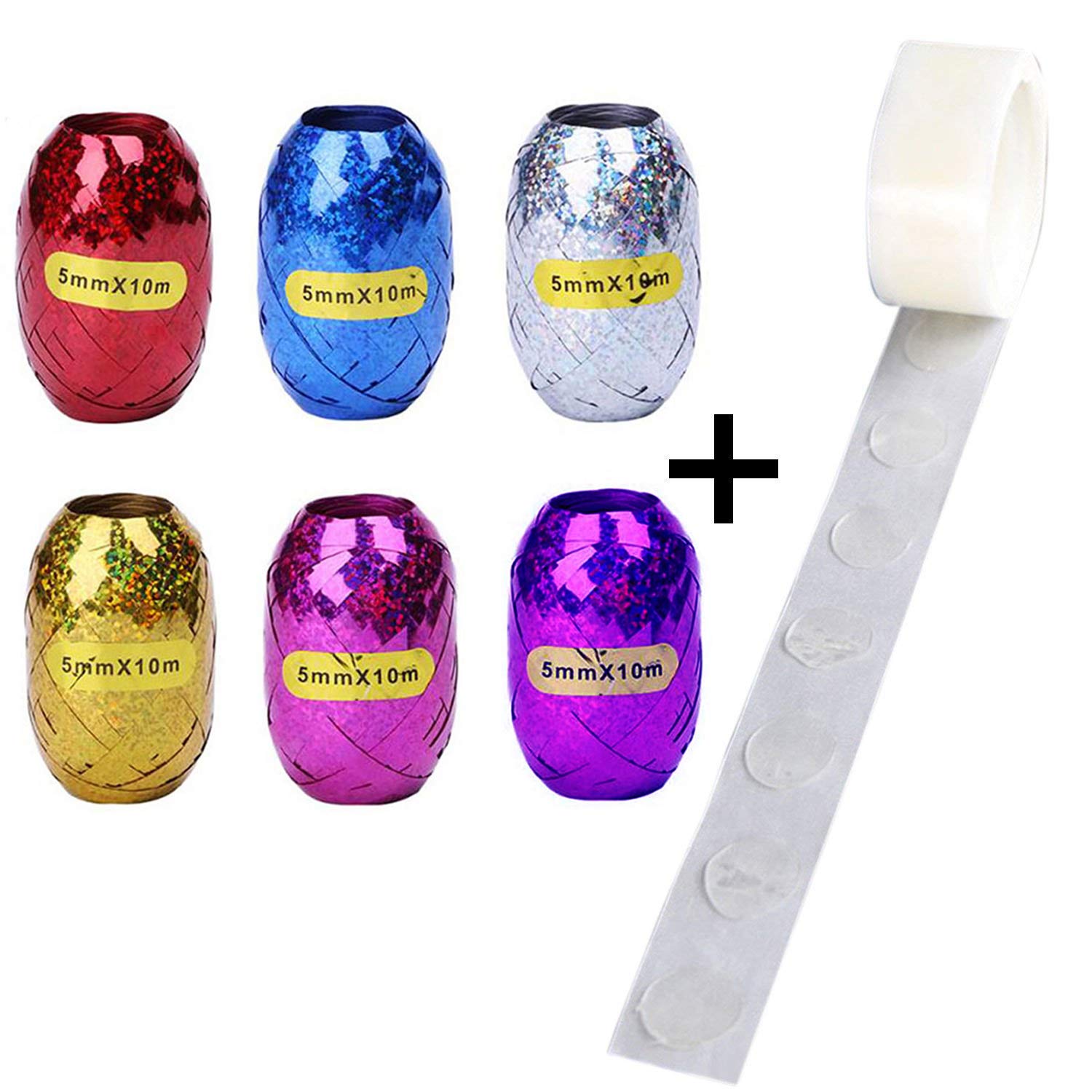WOBBOX 100 Sticky Dots Balloon Glue and 6 Pcs/Lot 5mm x 10m Ribbon Roll