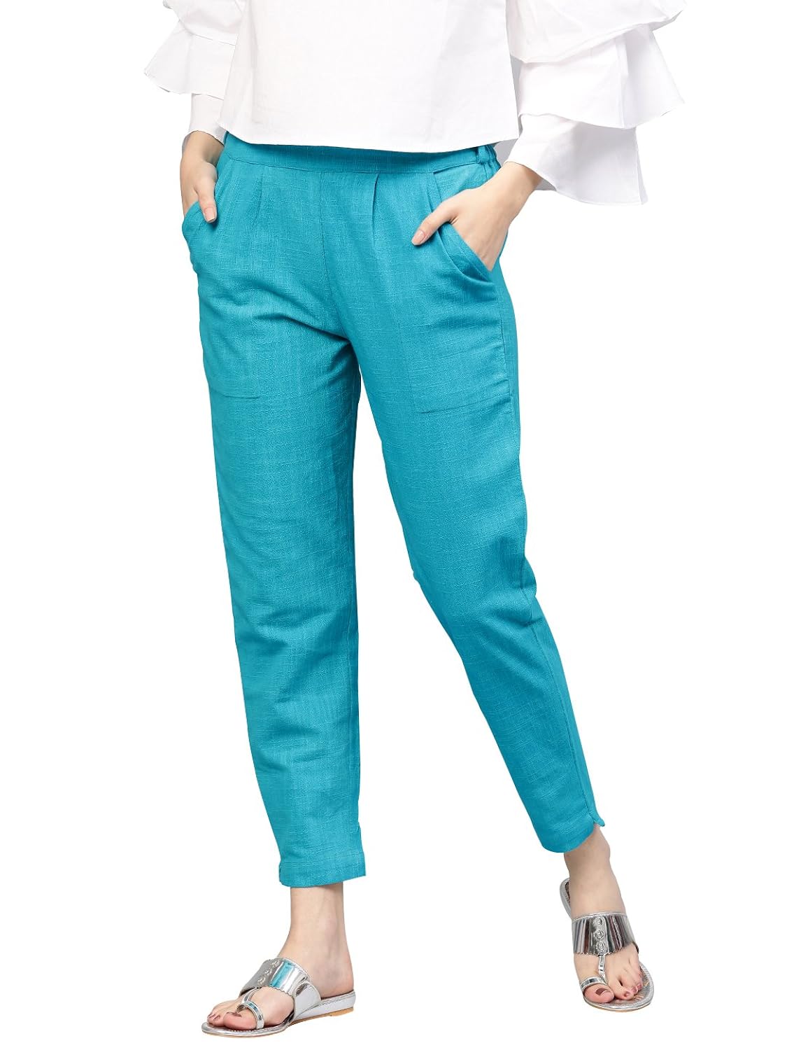 jaipur kurti women's turquoise blue solid cotton slub pants