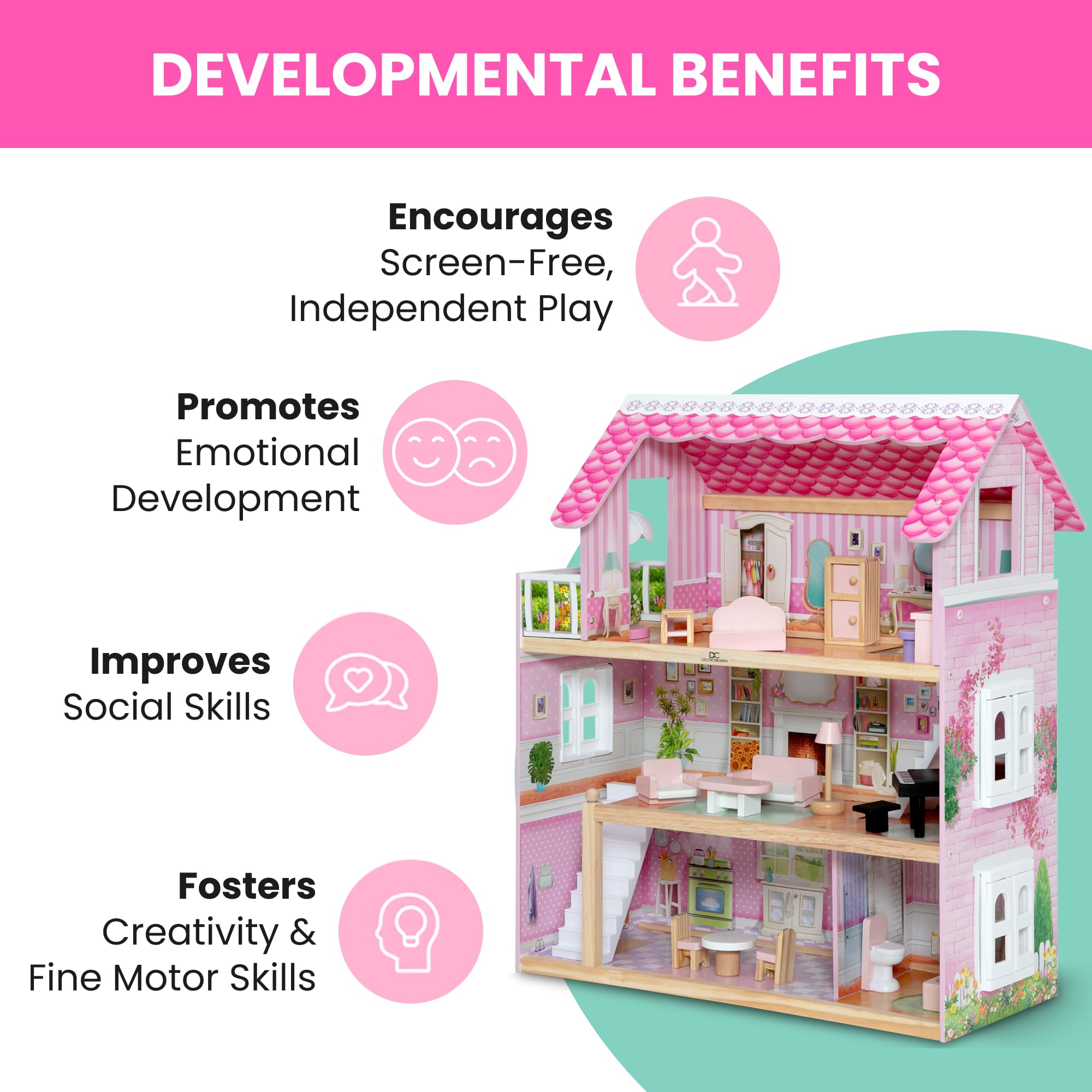 Delta Children Little Gem Dollhouse - 3-Story Dollhouse with 4 Rooms - Includes 16 Accessories - Fits 5-inch Dolls - Pretend Play Dream Gift for Ages 3+