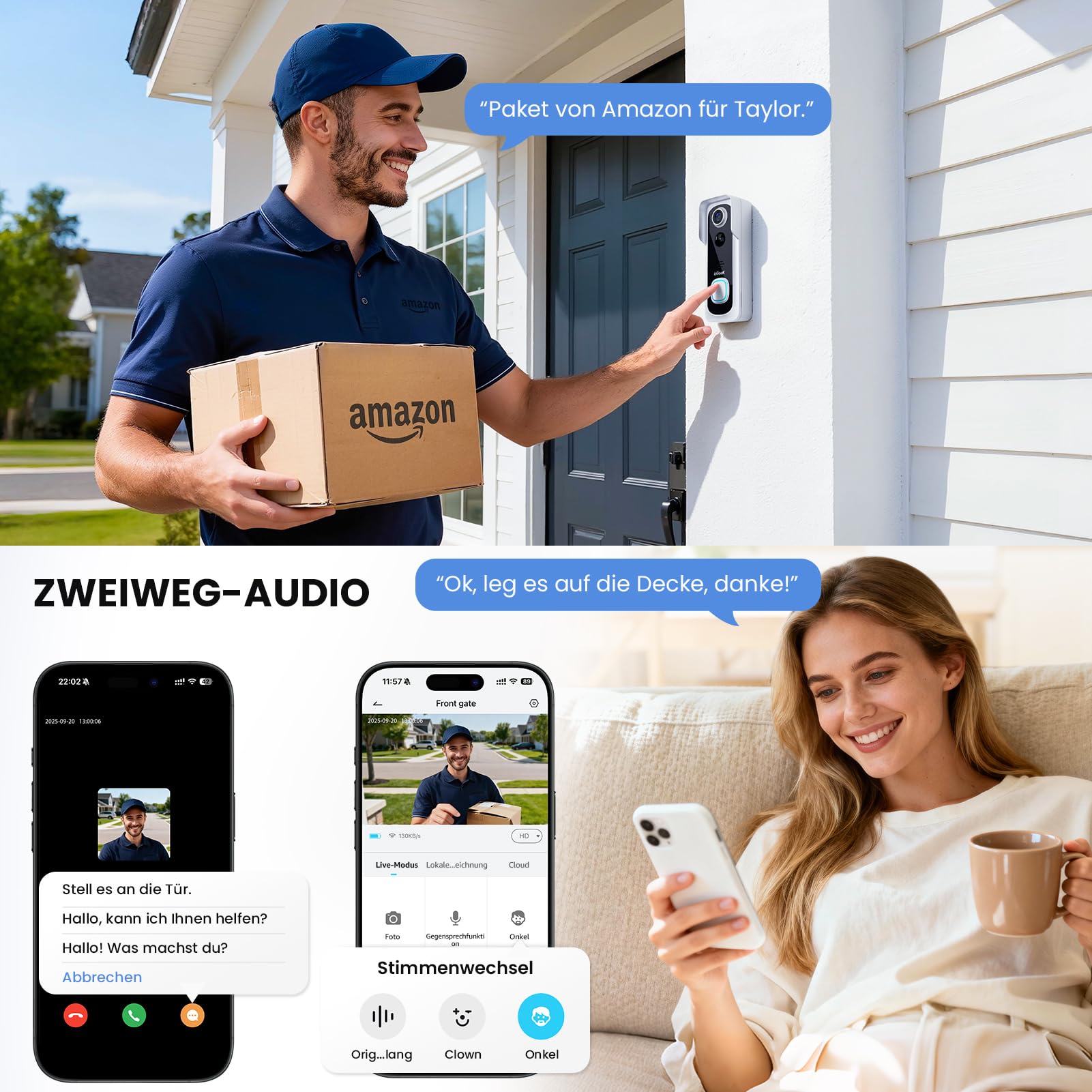 ieGeek 2K Video-Türklingel mit Kamera Kabellos, IP66 Wasserdicht, Intelligente AI Bewegungserkennung, Nachtsicht, Keine Abokosten, Kompatibel Mit Alexa, 2,4GHz WLAN, Inklusive Indoor-Klingel (Weiß) 4