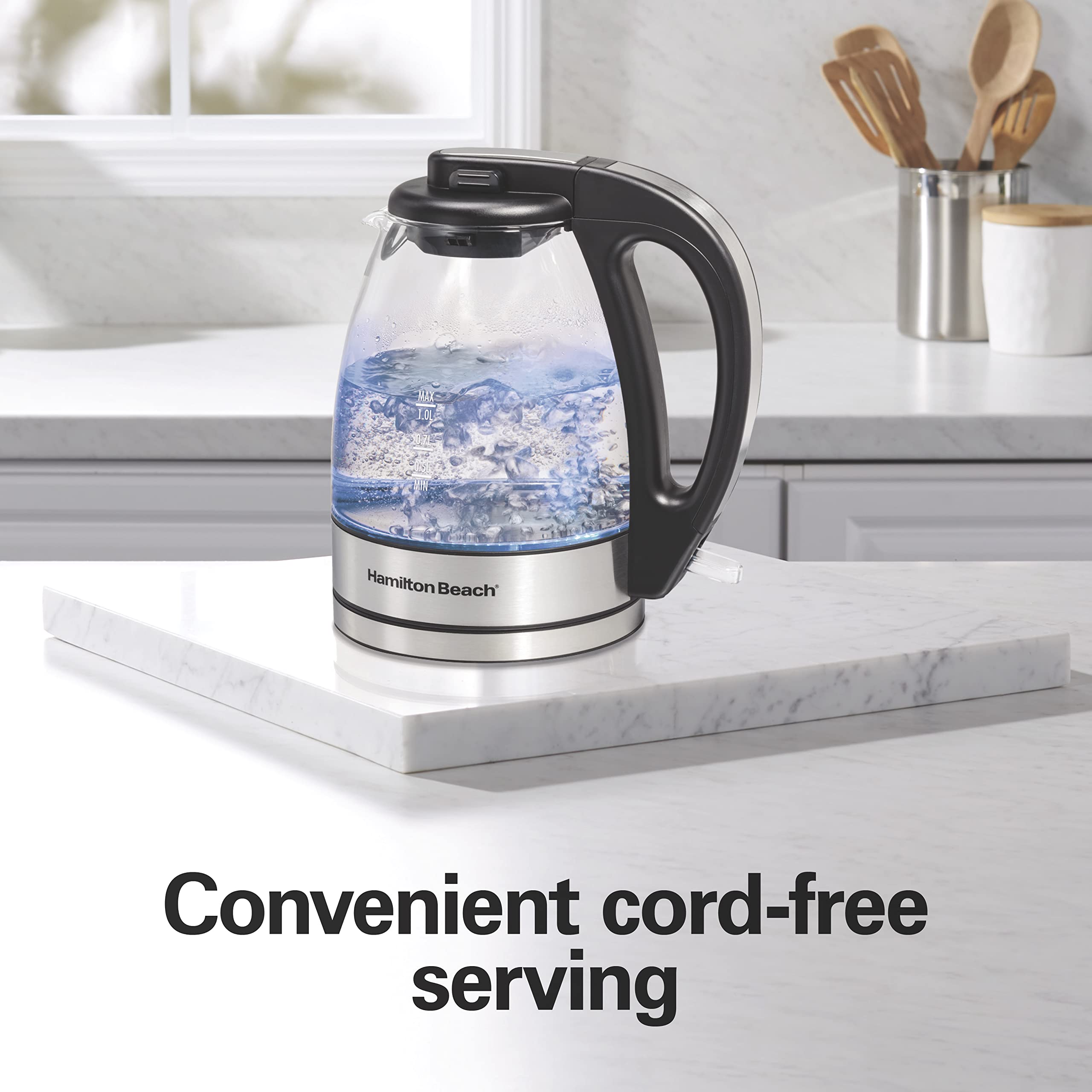 Hamilton Beach Glass Electric Tea Kettle, Water Boiler & Heater, 1 Liter, 1500 Watts for Fast, BPA Free, Cordless Serving, Auto-Shutoff & Boil-Dry Protection, Soft Blue LED (40930) - Image 6