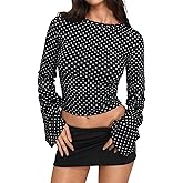Milumia Women's Polka Dots Bell Sleeve Crop Tee Top Y2K Ruched Slim Fit Going Out T Shirt