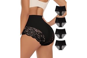 MIOTAN Women's High Waisted Underwear Ladies Lace Seamless Sexy Panties Breathable Soft Stretch 4 Pack Full Coverage