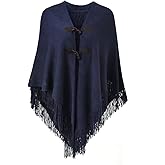 Ferand Women’s Loose Fitting Poncho Cape Shawl with Stylish Horn Buttons, V Neckline and V Hem