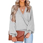 LookbookStore Women's Knit Long Sleeve Faux Wrap Surplice V Neck Sweater Top