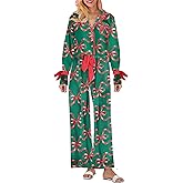 Nsdoiouw Women 2Pcs Valentine's Day Pajamas Set Long Sleeve Bow Tie Shirts Pants Silk Satin Pjs Loungewear Sleepwear Sets