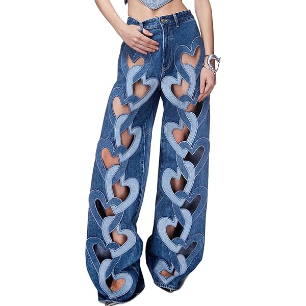 HGKPFGTF Heart Cutout Jeans for Women Baggy Wide Leg Y2k High