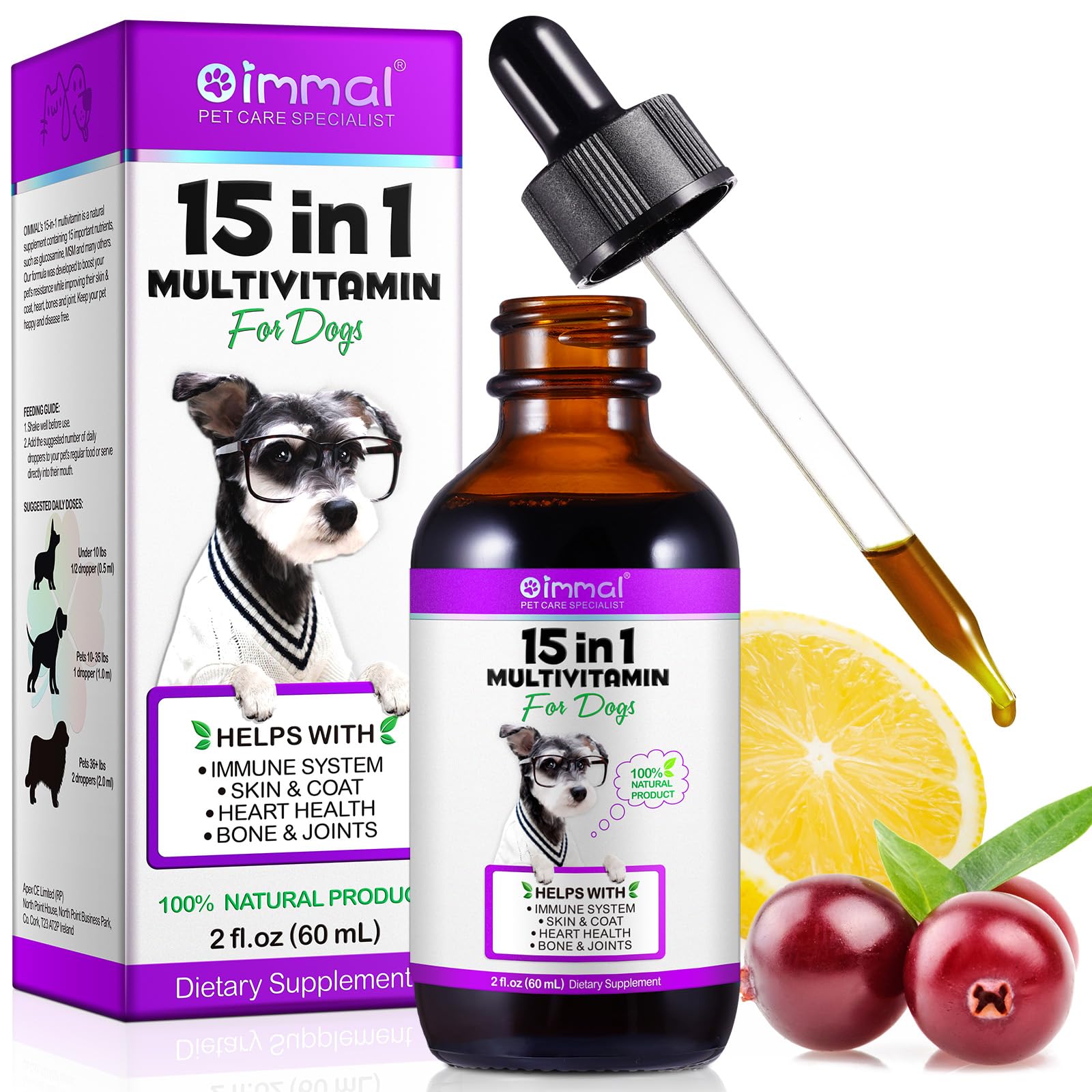 15 in 1 Multivitamin for Dogs, 60ML Natural Daily Vitamins for Joint, Skin Coat, Skin Health, Heart Health for Small, for Medium and Large Dogs