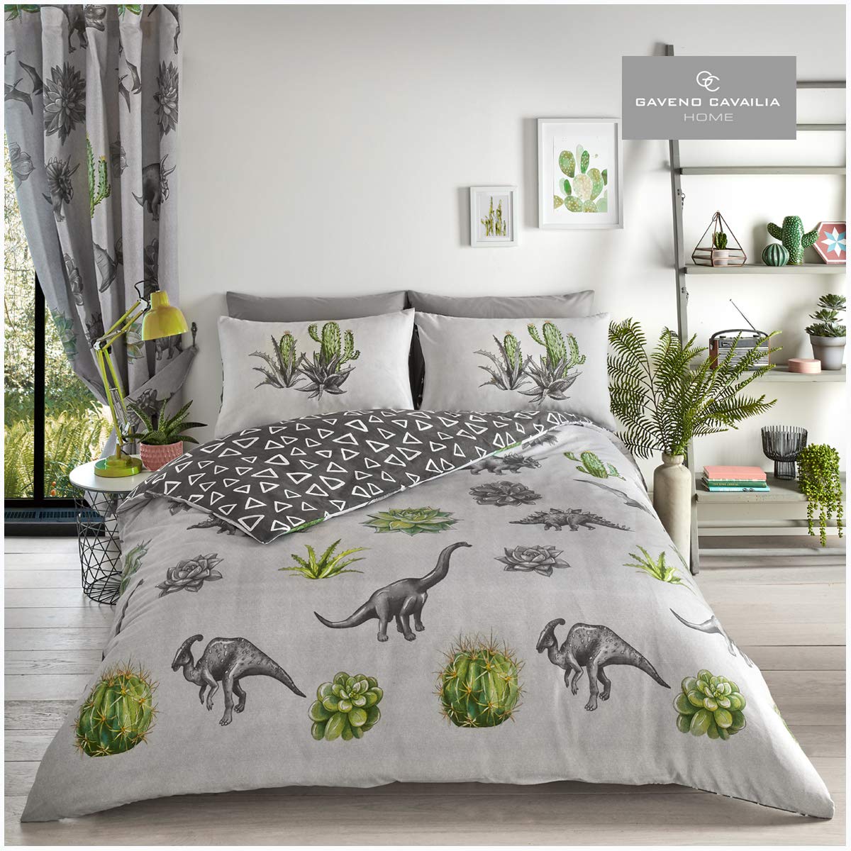 GC GAVENO CAVAILIA Gaveno Cavailia Dinosaur Dreams Grey Bedding, 3 Piece Cotton Blend Reversible Printed Bedlinen, Easy Care DuvetCover Bedset, 1 Quilt Cover + 2 Pillow Cases, King Duvet Set