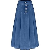 Girls Casual Denim Skirt Midi Pleated Buttons A-Line Over-Knee with Pocket 3-14Years
